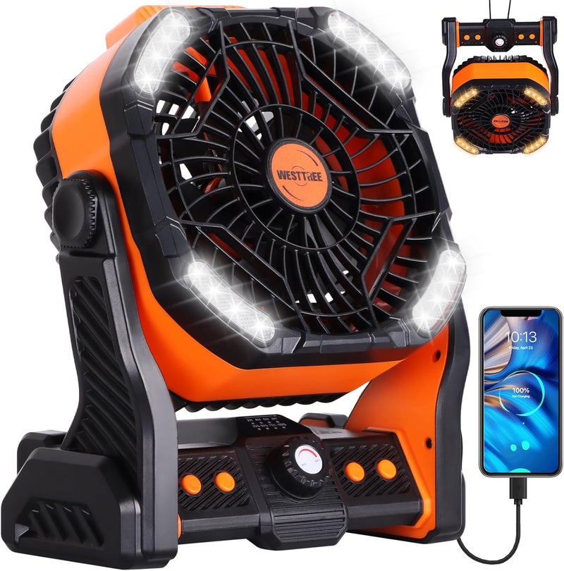 WESTTREE 20000mAh Battery powered fan Camping Fan essentials Portable fan Battery OperatedRechargeable Outdoor Tent with Light & Hook Personal USB Desk for Camping,Orange - Image 1